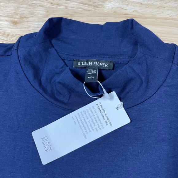 Eileen Fisher NWT Mock Neck Drawstring Tie Waist Dress Navy Size M Sleeveless - Picture 4 of 9